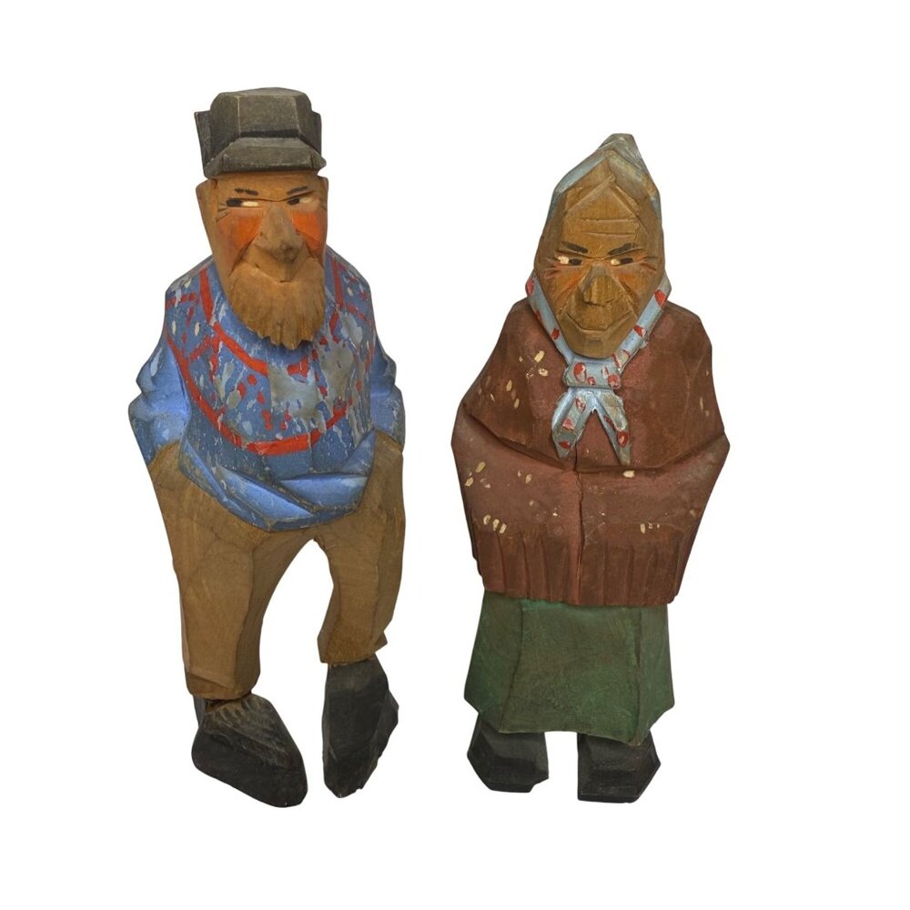 Swedish Hand-Carved Old Man & Woman Couple Vintage Signed